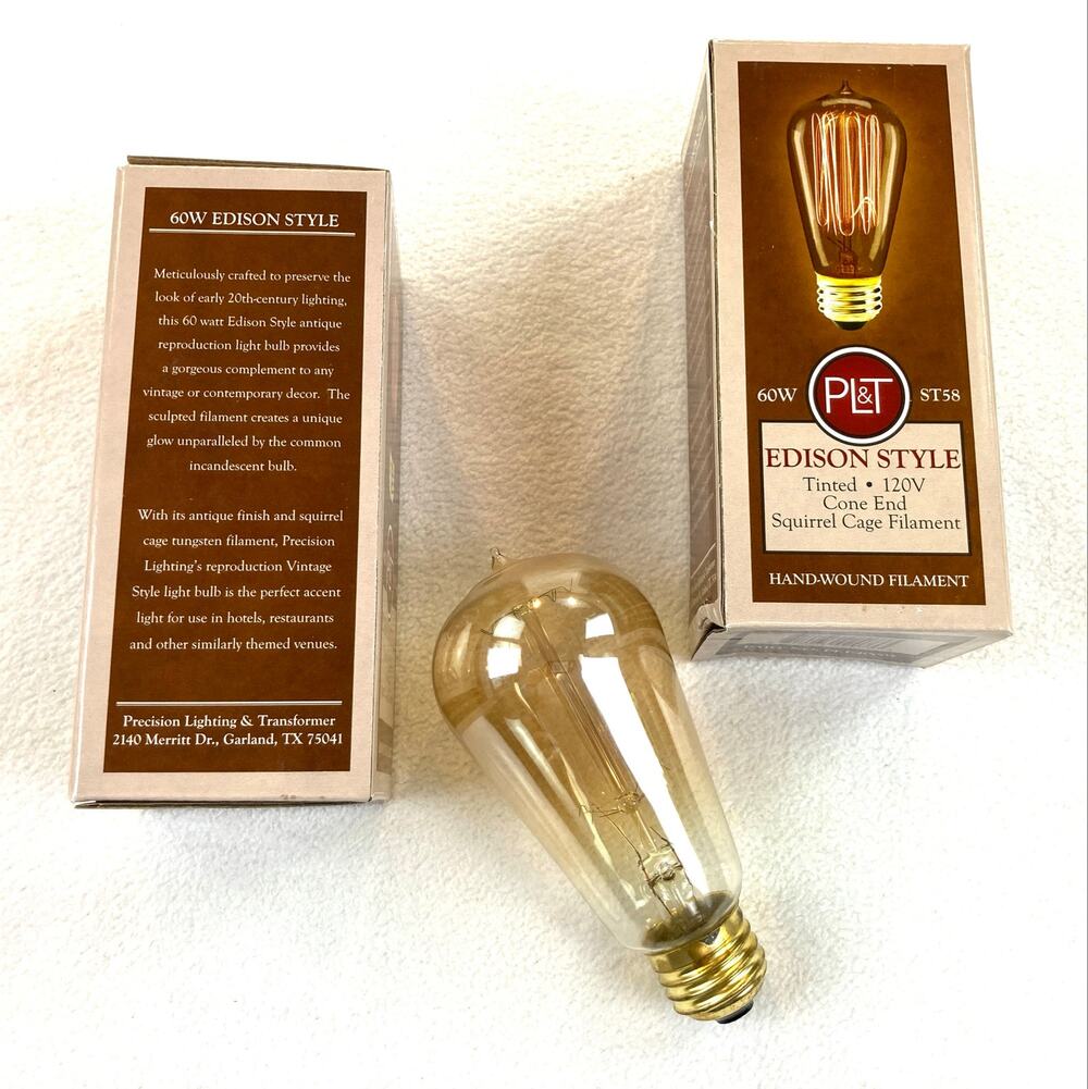 2 Pack PL&T Edison Style Light Bulbs 60W ST58 Tinted Cone End Squirrel Cage